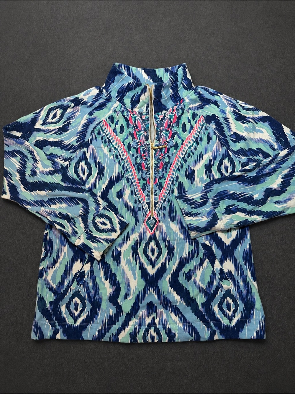 Lilly Pulitzer Blue Aqua Ikat Print Half Zip Skipper Popover Kangaroo pocket L